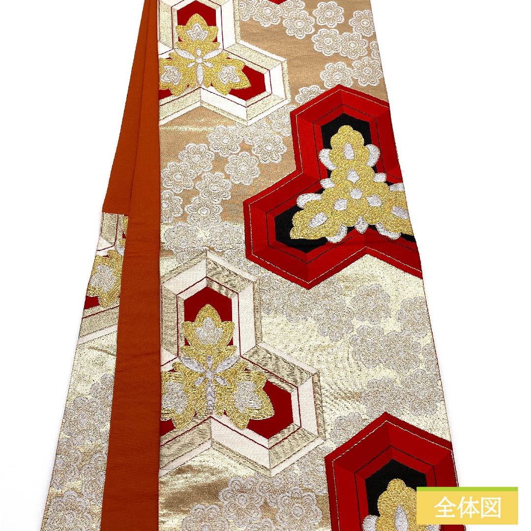 袋帯 正絹 金色（きんいろ） 亀甲 華文 帯丈412cm Sランク 六通 フォーマル 金系 1123011932321