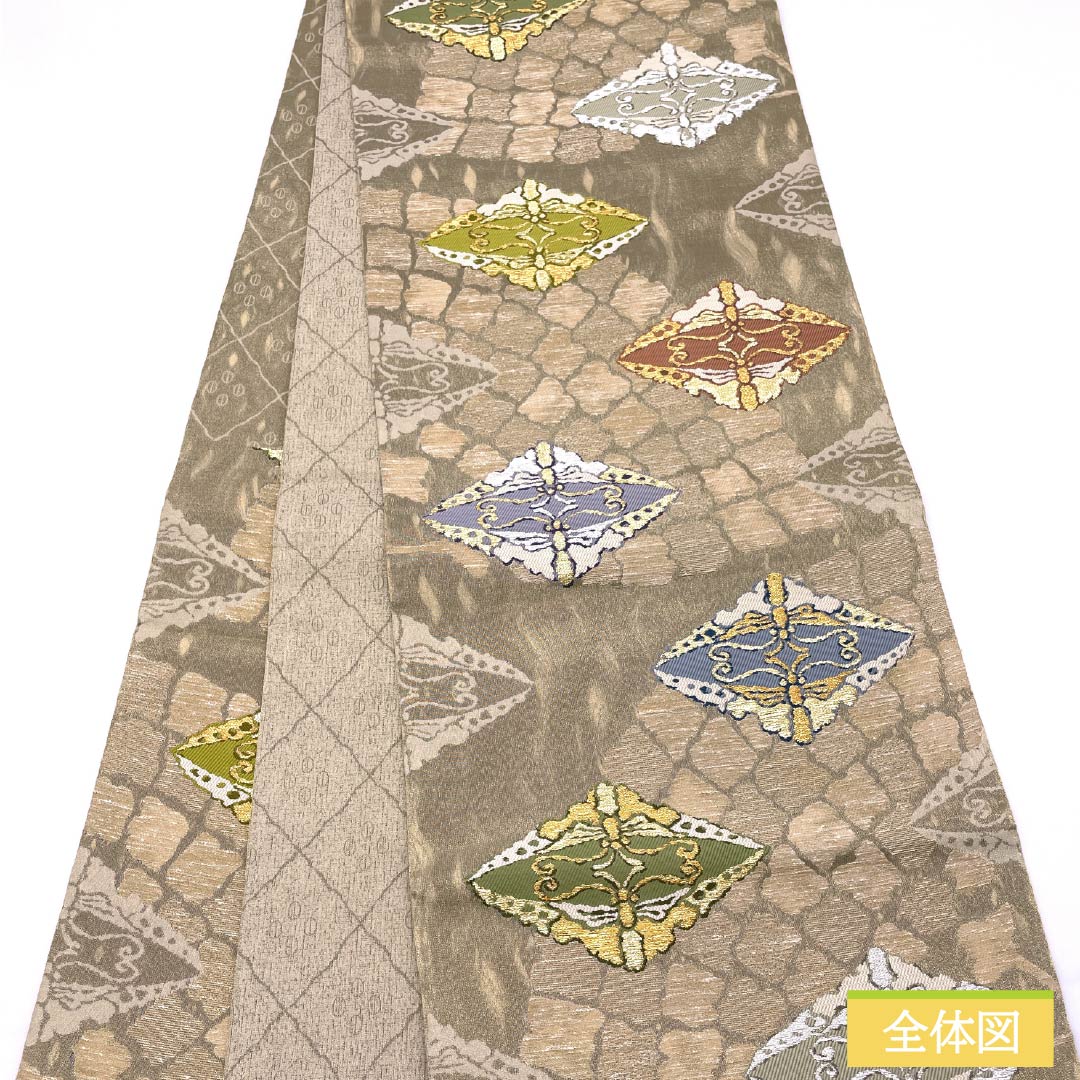 袋帯 正絹 黄鼠色（きねずいろ） 建部蝶 帯丈444cm Sランク 六通 フォーマル グレー系 1123013352322