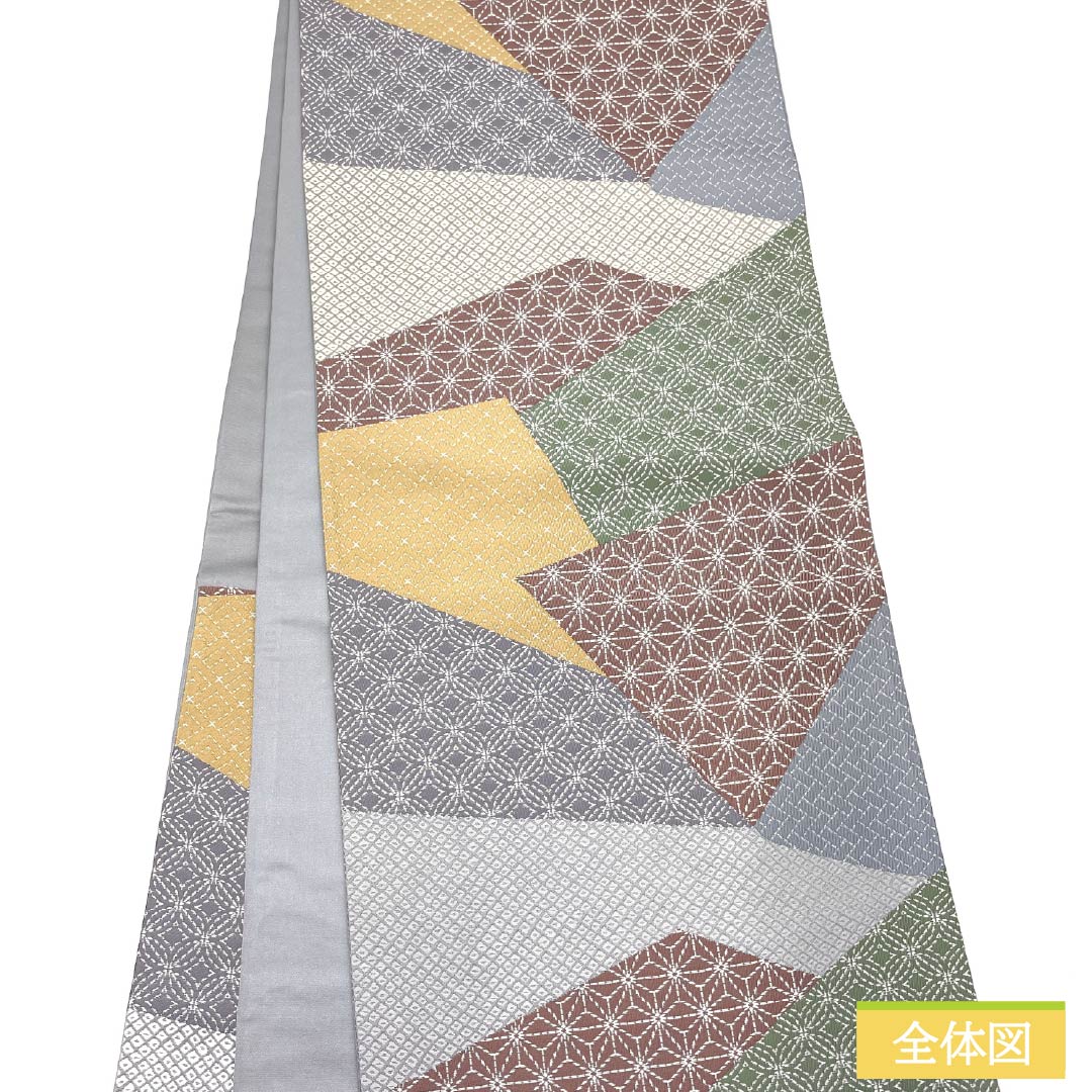 袋帯 正絹 切りばめ風 麻の葉 七宝 鹿の子模様 帯丈430cm Sランク 六通 セミフォーマル グラデーション系 1123014992399