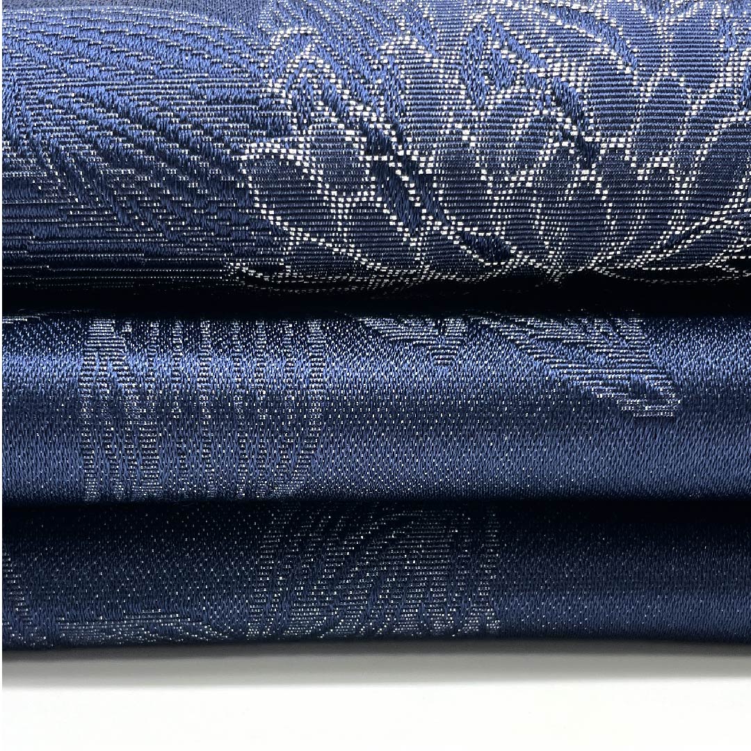 半幅帯 ポリエステル 鉄葡萄色（てつぶどういろ） 花柄 象牙色（ぞうげいろ） 亀甲に花 リバーシブル 長尺 帯丈400cm 紺系 Sランク 1125001292318