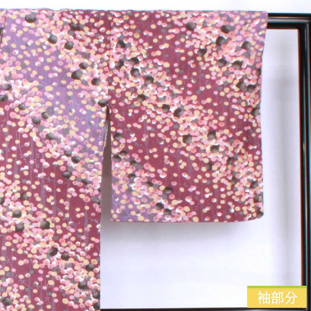 小紋 ポリエステル 身丈161.5cm 裄丈66cm 袷 蒲萄色（えびいろ） 古代紫色（こだいむらさきいろ） 型染 抽象柄 洗える着物 Aランク 紫系 1115005543420