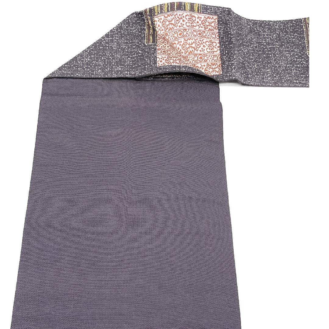 名古屋帯 藤煤竹色 抽象四角模様 帯丈367cm ポリ Sランク 六通 カジュアル グレー系 1124003782322  名古屋仕立て