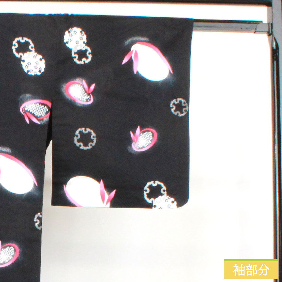 Yukata Cotton Length 164.5cm Sleeve length 64cm S rank Single layer Black Snow rabbit Snow ring 1118005052410