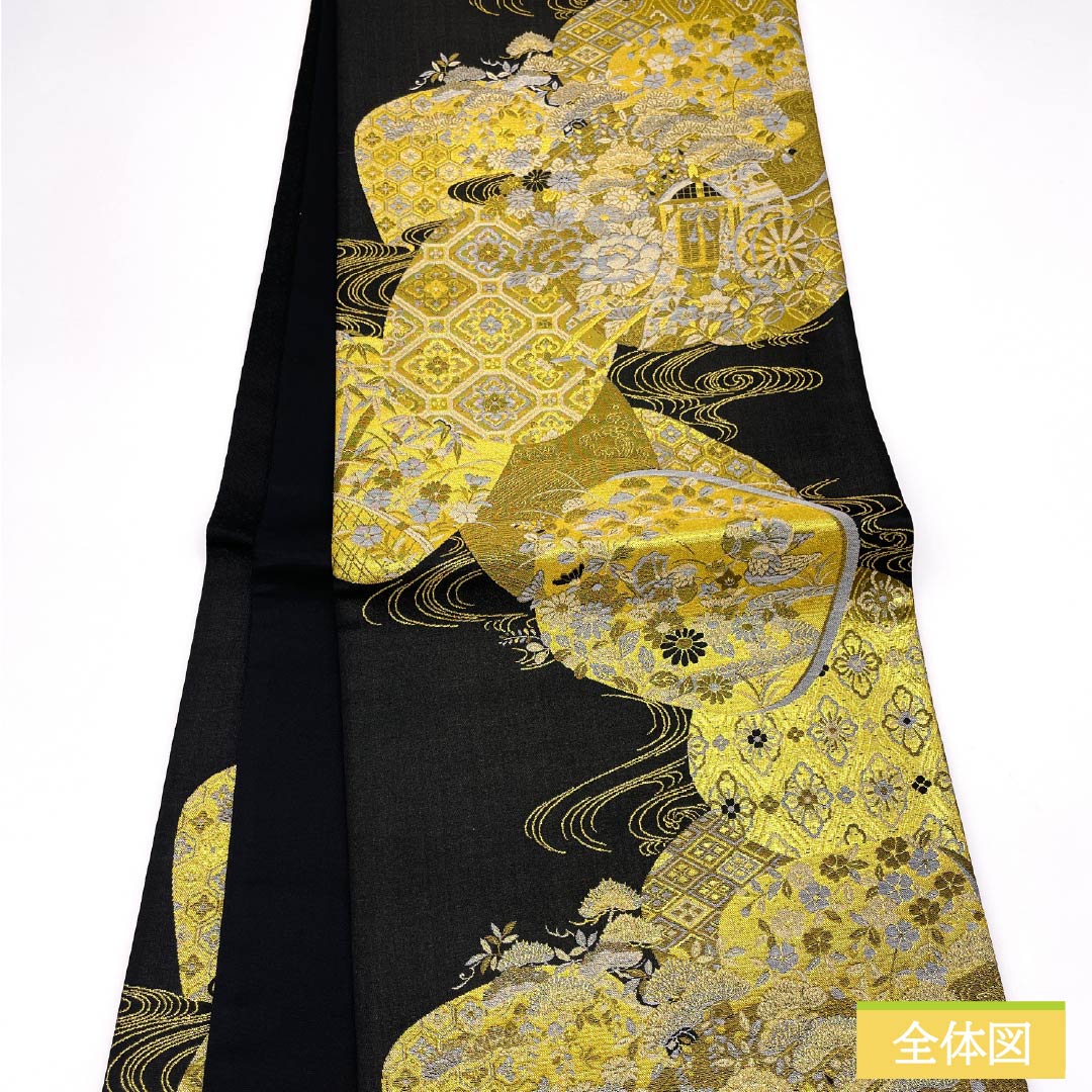 袋帯 ポリエステル 観世流水 花菱 貝合わせ 吉祥文様 御所車 帯丈434cm Sランク 六通 フォーマル 黒系 1123014232310