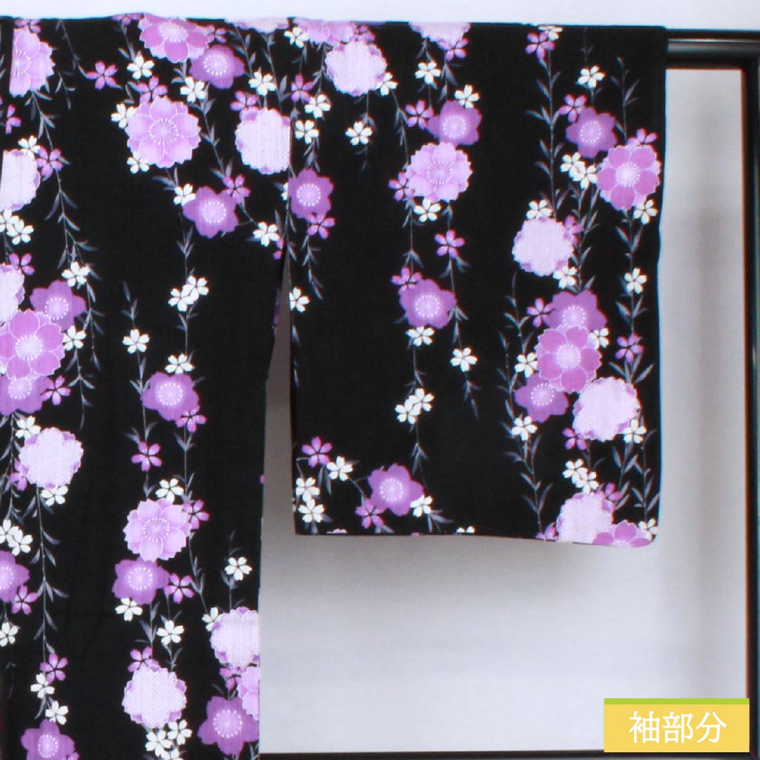 浴衣 綿麻 身丈165cm 裄丈69cm Aランク 単衣 黒系 しだれ桜 綿麻 1118006043510