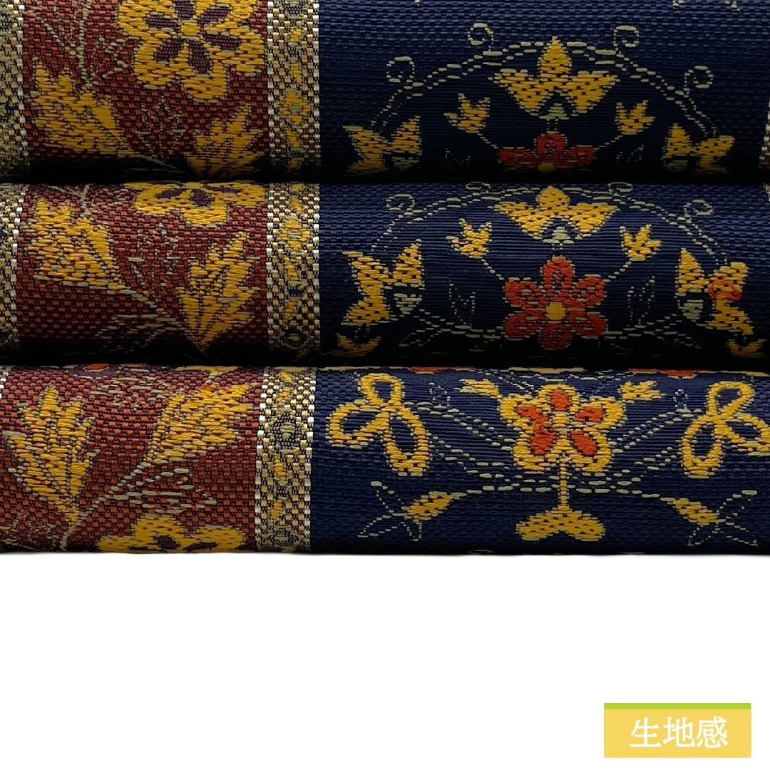 半幅帯 正絹 Sランク 濃紺色（のうこんいろ） 暗紅色（あんこうしょく） 博多織 縞 花柄 帯丈353cm 紺系 1125006412318