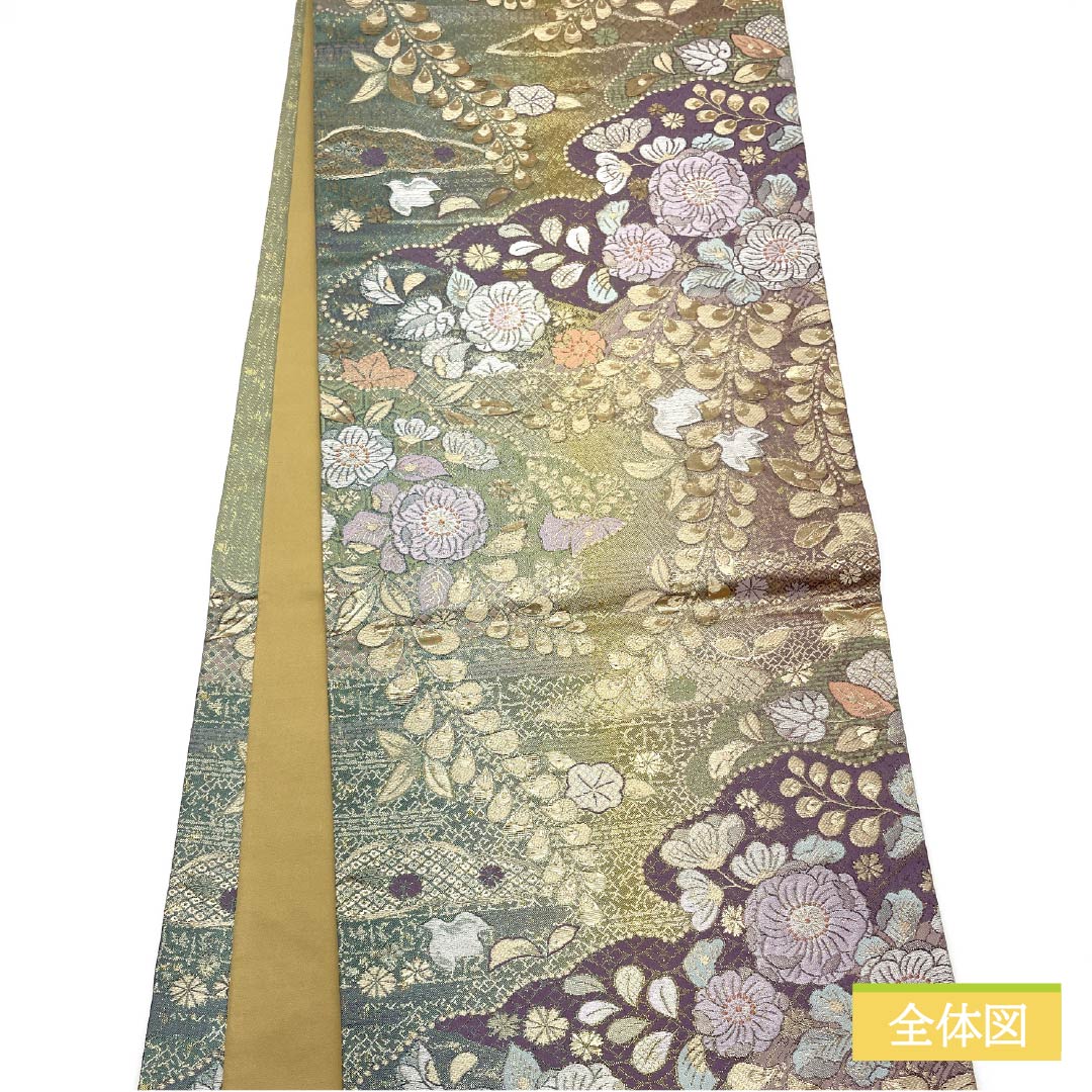 Formal, S-Rank Silk Obi with Tsujigahana Pattern, Puffed Weave, Cloud Pattern, and Aoi Pattern, Length 444cm, Six-Ply, Gradient Color, Product Number: 1123015252399
