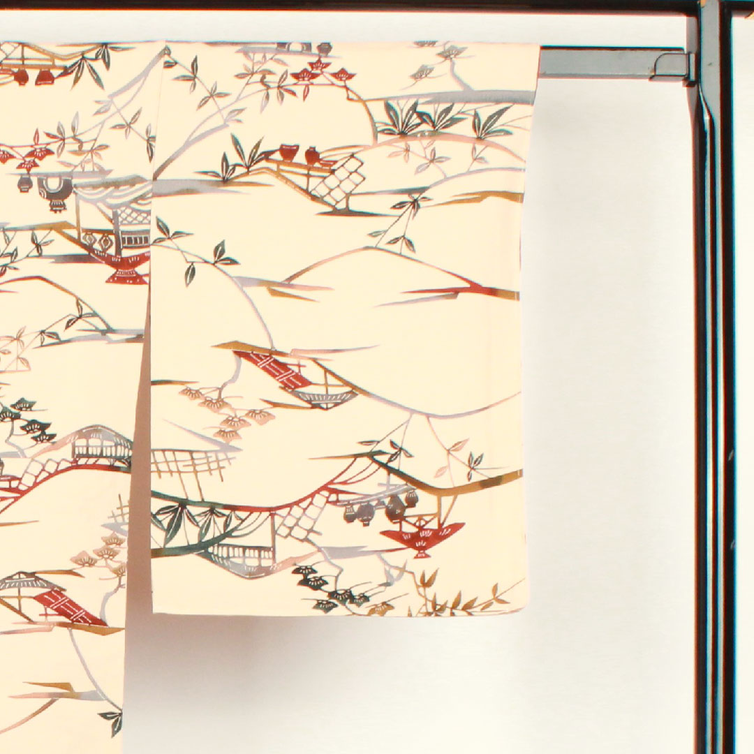 小紋 身丈165.5cm 裄丈66cm 袷  洗柿色 型染 風景模様  正絹 Aランク ピンク系 1115002093513