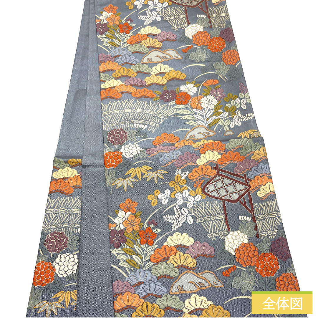 袋帯 正絹 Aランク 鉛色（なまりいろ） 西陣織 唐織 茶屋辻模様  帯丈426cm 六通 フォーマル グレー系 1123016933322