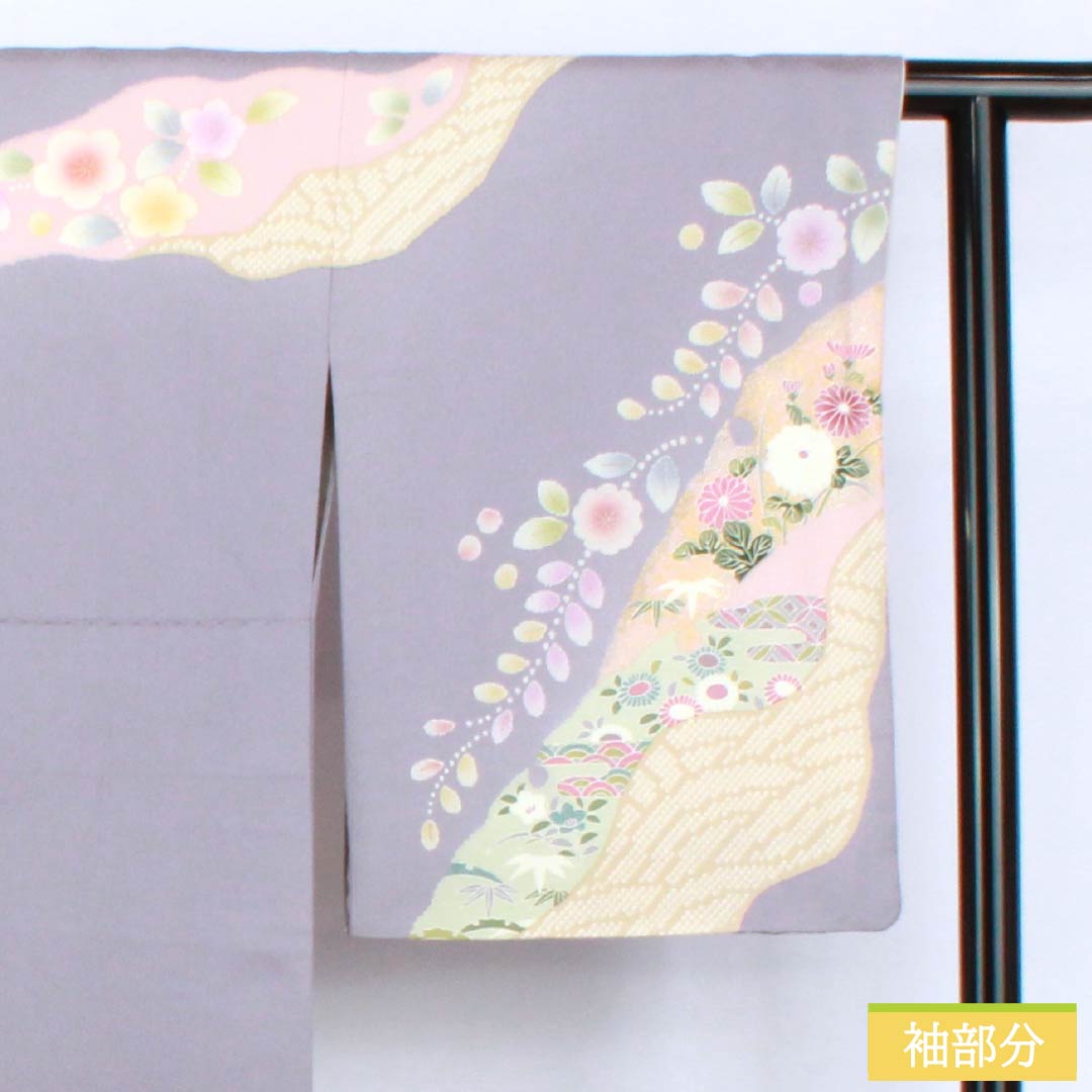 訪問着 正絹 Sランク 袷 身丈155cm 裄丈66cm 薄鼠色（うすねずいろ） 貴族鼠色（きぞくねずいろ） 京友禅 草花 グレー系 1112006312322