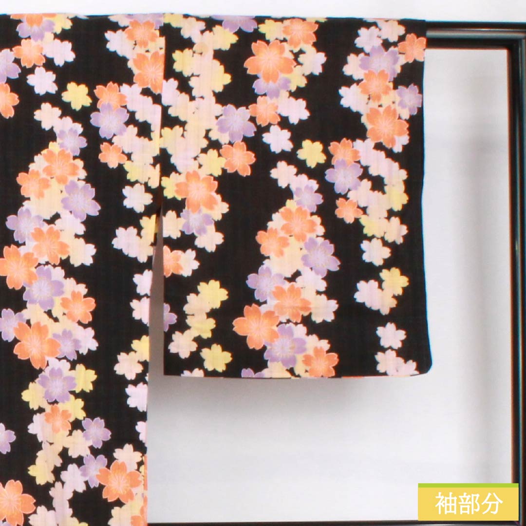 浴衣 木綿 身丈163.5cm 裄丈66.5cm Aランク 単衣 黒系 EASTBOY 桜 1118005323410