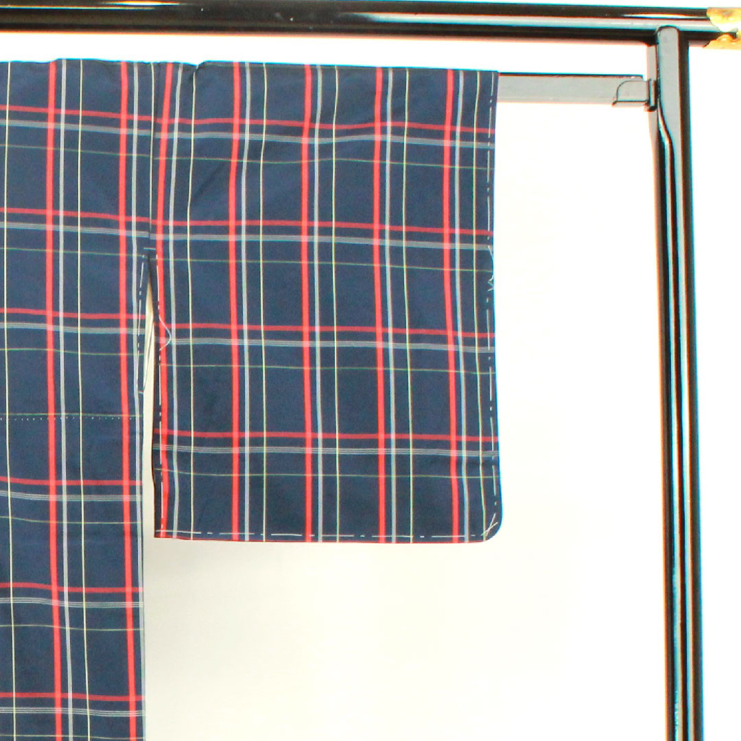 縞大島 身丈162.5cm 裄丈65.5cm 濃紺色 格子 正絹 Aランク 袷 紺系 1116002343418