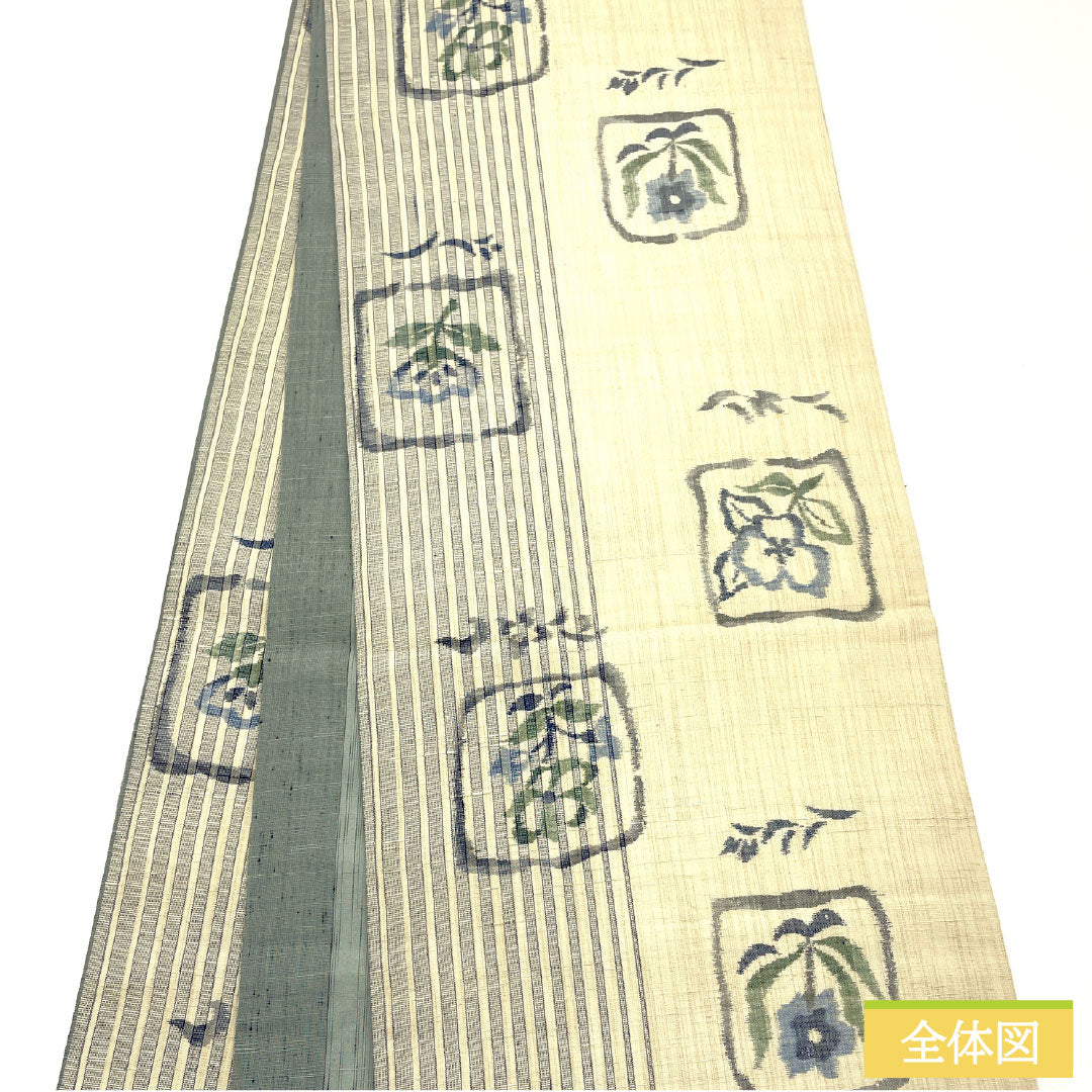 袋帯 正絹 Sランク 抽象花 紬地 帯丈442cm 全通 カジュアル クリーム系 1123016612315