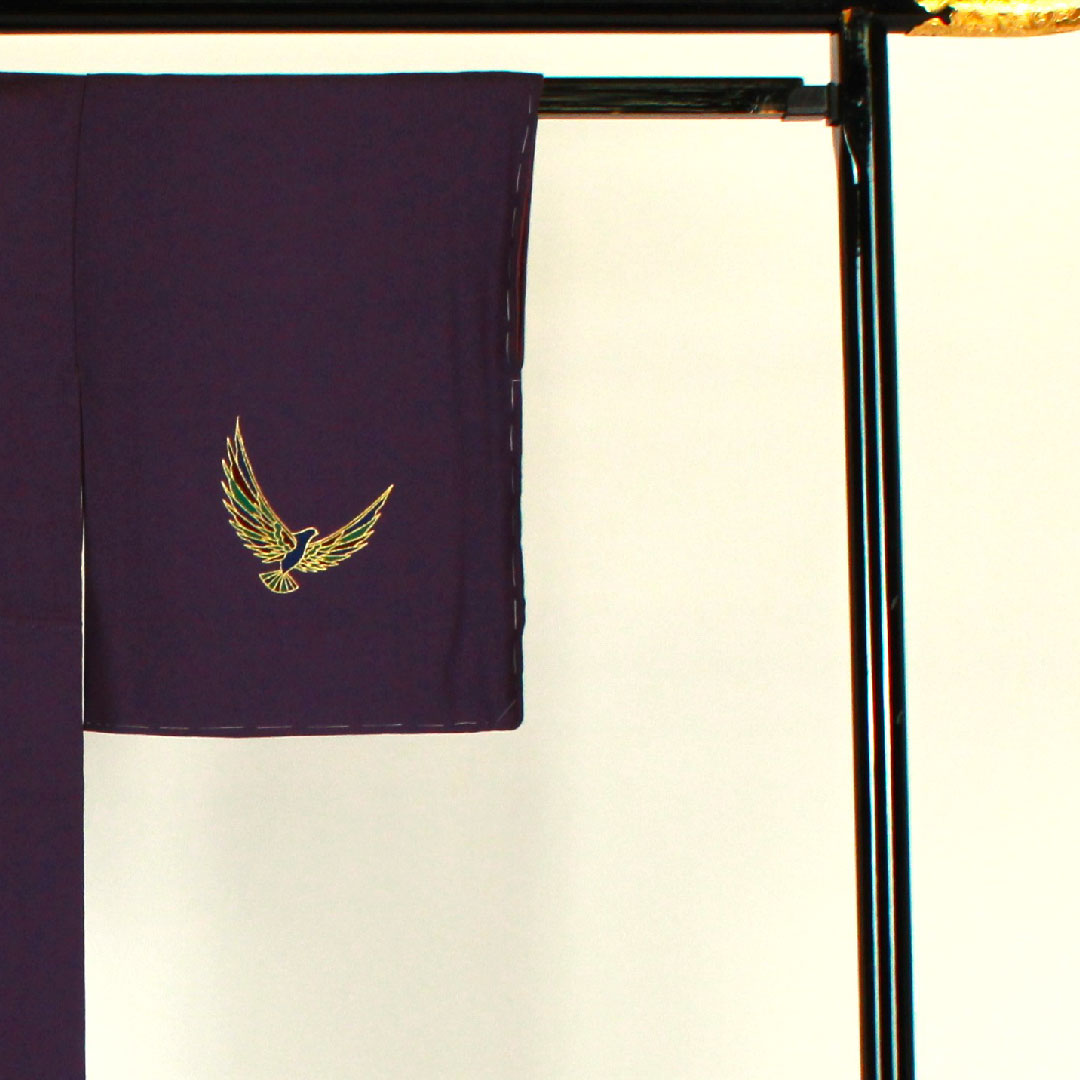 訪問着 袷 身丈154cm 裄丈62cm 斉藤三才 寿光織 鳥柄 正絹 Aランク 紫系 1112000883220