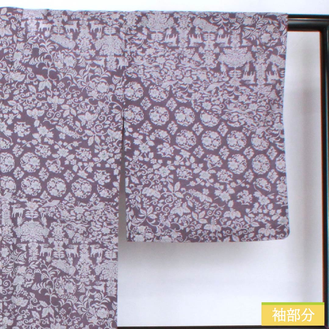 夏物 ポリエステル 小紋 身丈165.5cm 裄丈64.5cm 滅紫色（けしむらさきいろ） 割付 更紗模様 洗える着物 紗 Sランク 紫系 1132002152520