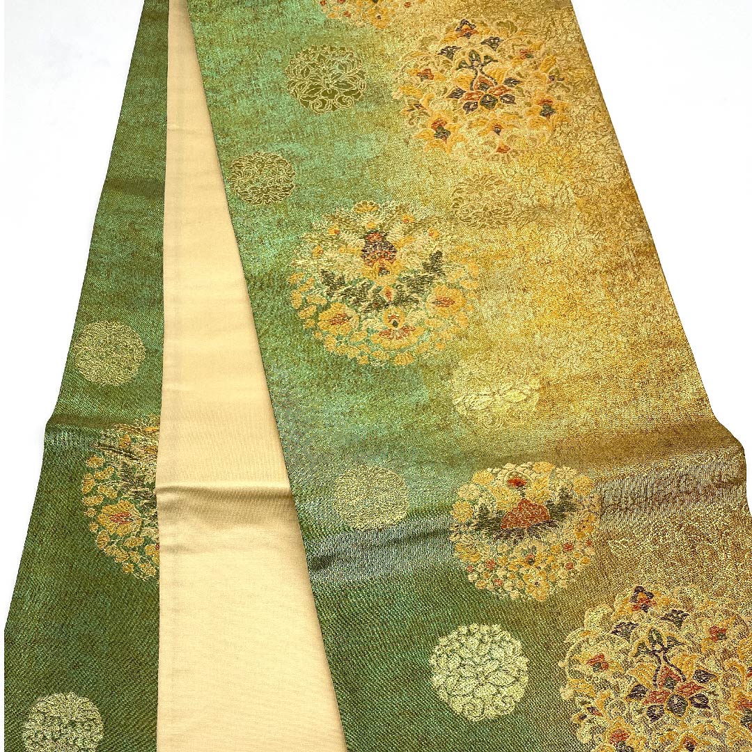 Fukuro Obi (Buddha's Hand Orange Color) Mirror Pattern Obi Length 438cm Pure Silk S Rank Six-way Formal Green 1123007982319