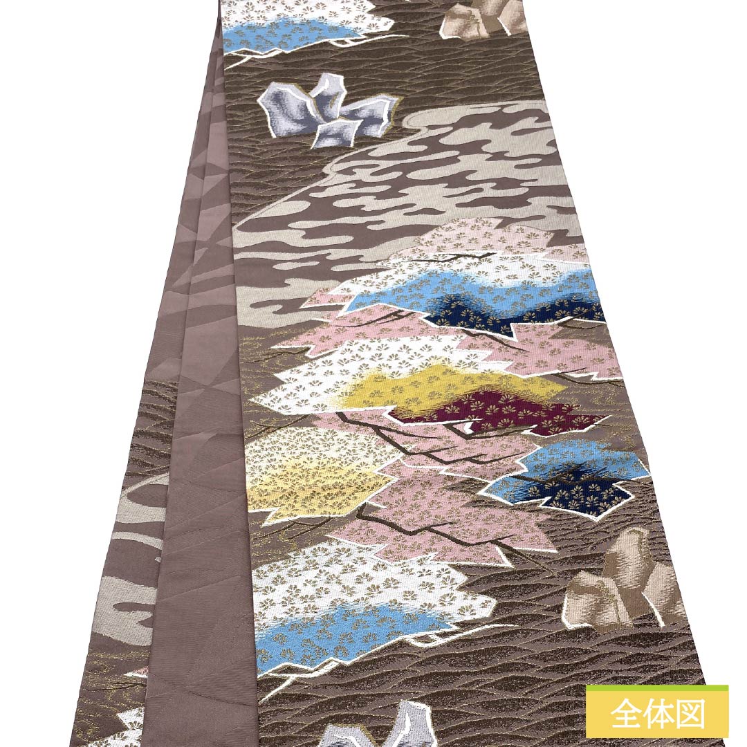 Fukuro Obi, pure silk, Akatsuki Nezuiro (red gray), Shiraayaen Oba, pine, rock garden, obi length 434cm, S rank, six-pass, formal, gradation style, 1123013312399