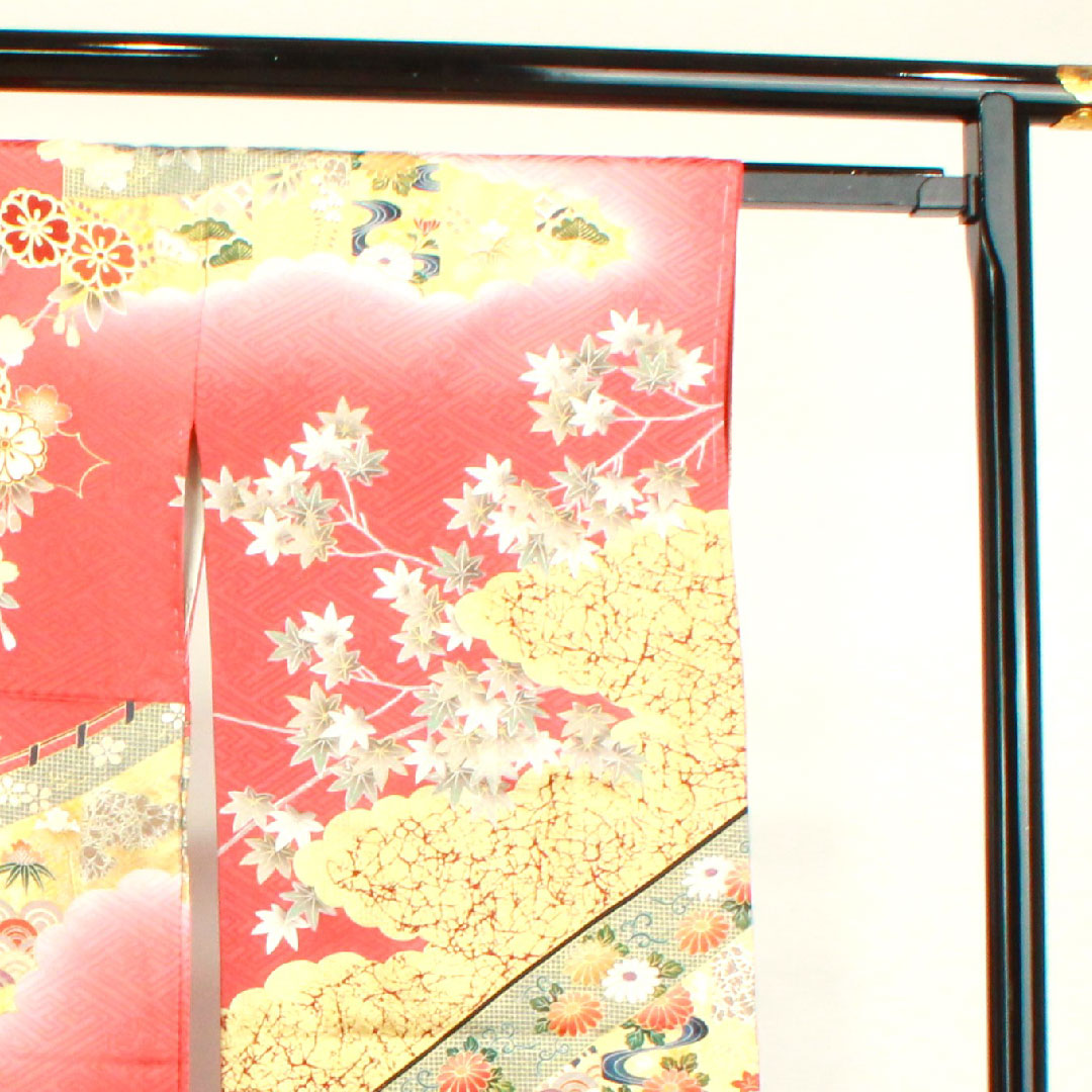 振袖 身丈163.5cm 裄丈67.5cm 袷  甚三紅色 京友禅 御所車 吉祥文様 作家物  正絹 Aランク 朱系 1113001623416