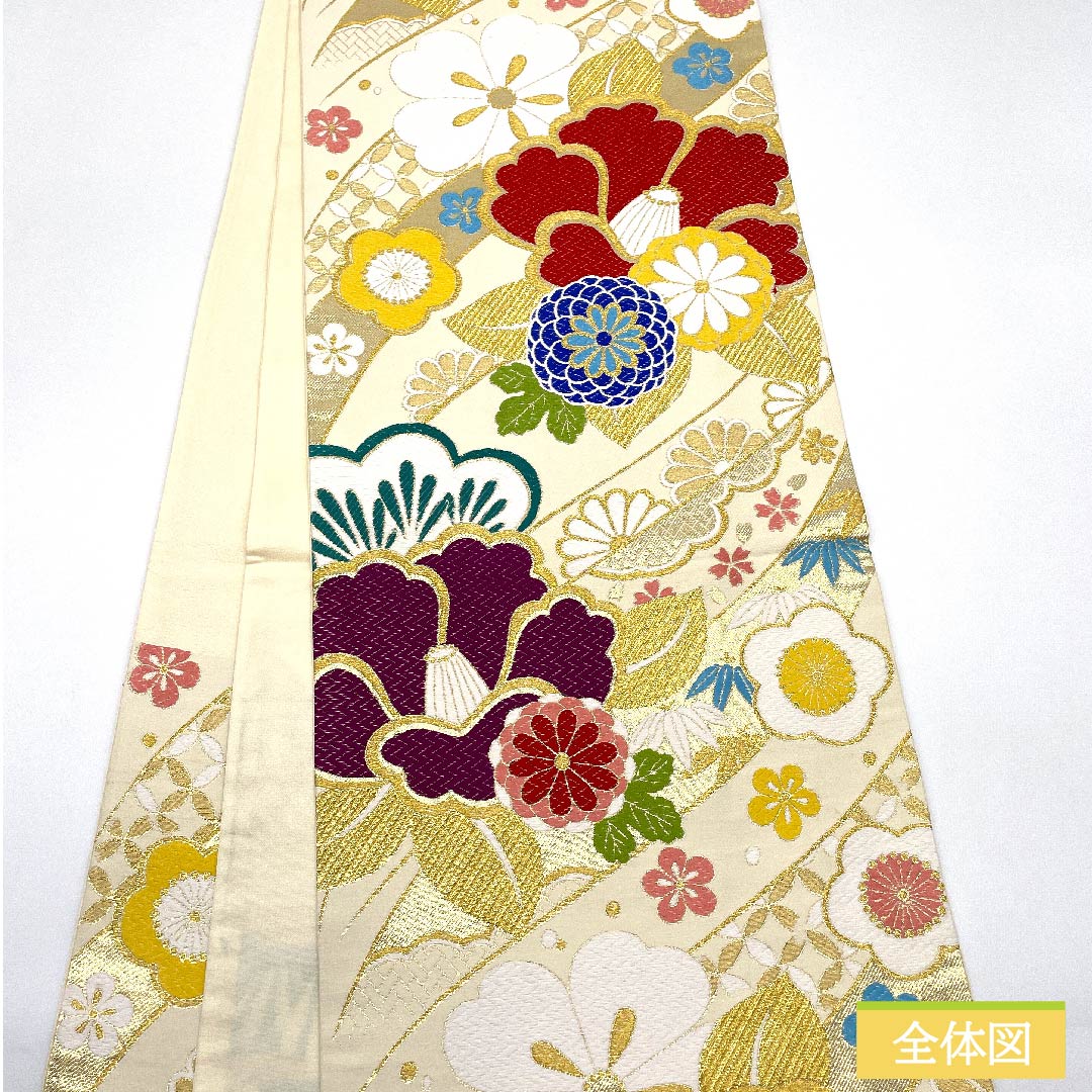 袋帯 正絹 乳白色色（にゅうはくしょくいろ） 松竹梅 椿 桜 七宝 帯丈436cm Sランク 六通 フォーマル クリーム系 1123011662315