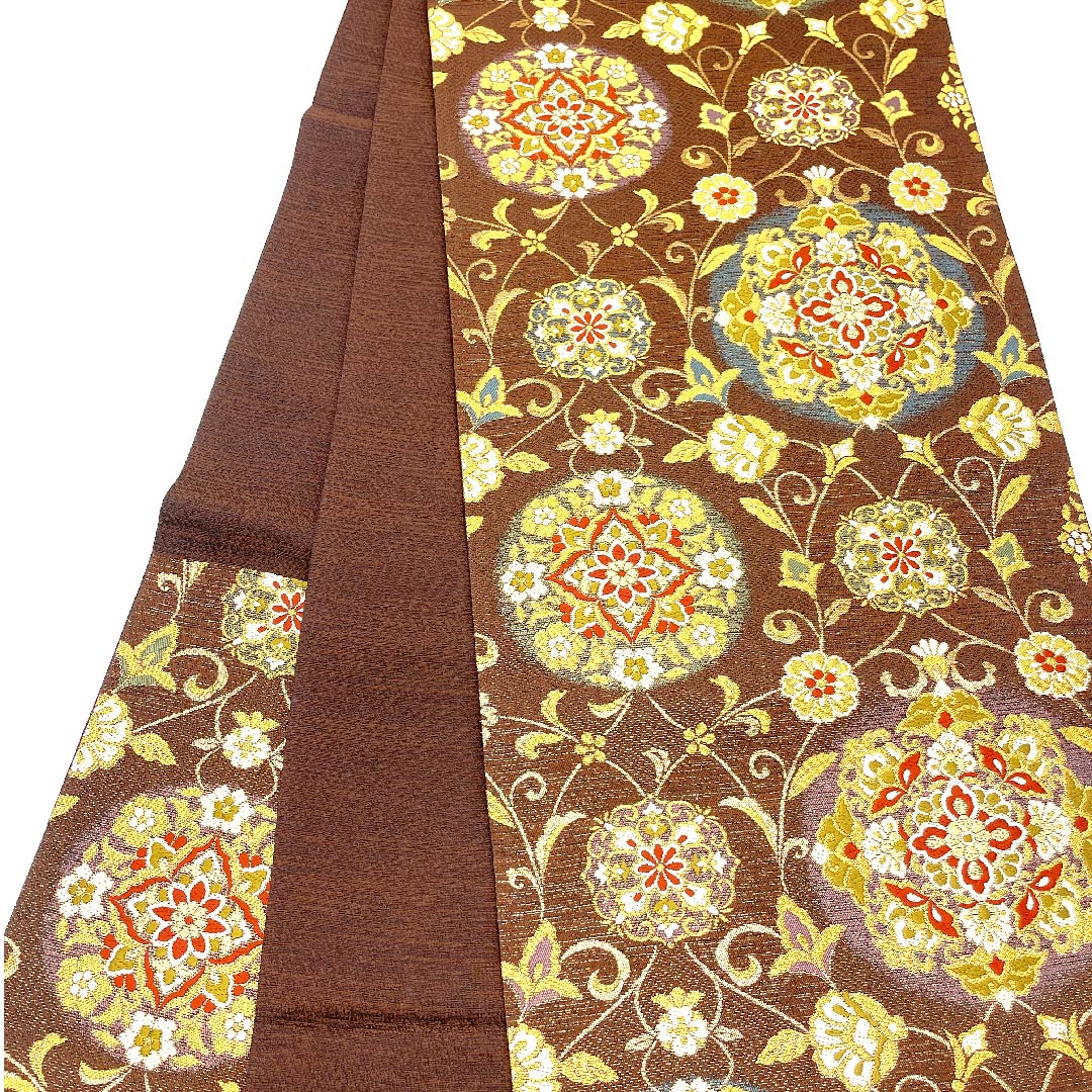 袋帯 濃茶色（こいちゃいろ） 古渡更紗 帯丈400cm 正絹 Sランク 六通 フォーマル 茶系 1123002842314