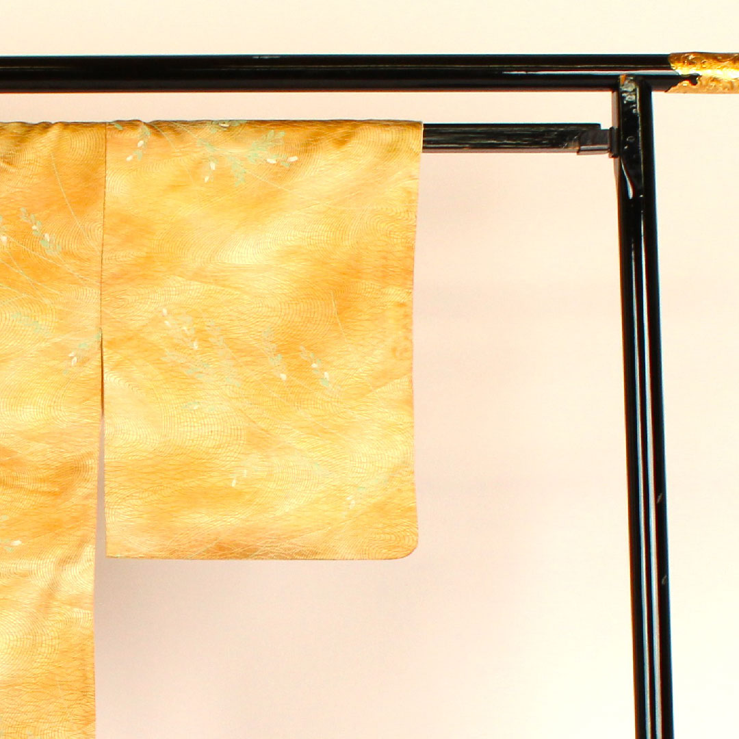 小紋 身丈147.5cm 裄丈61.5cm 袷  洗える着物 流水に葉 ポリ Aランク 黄系 1115000213123