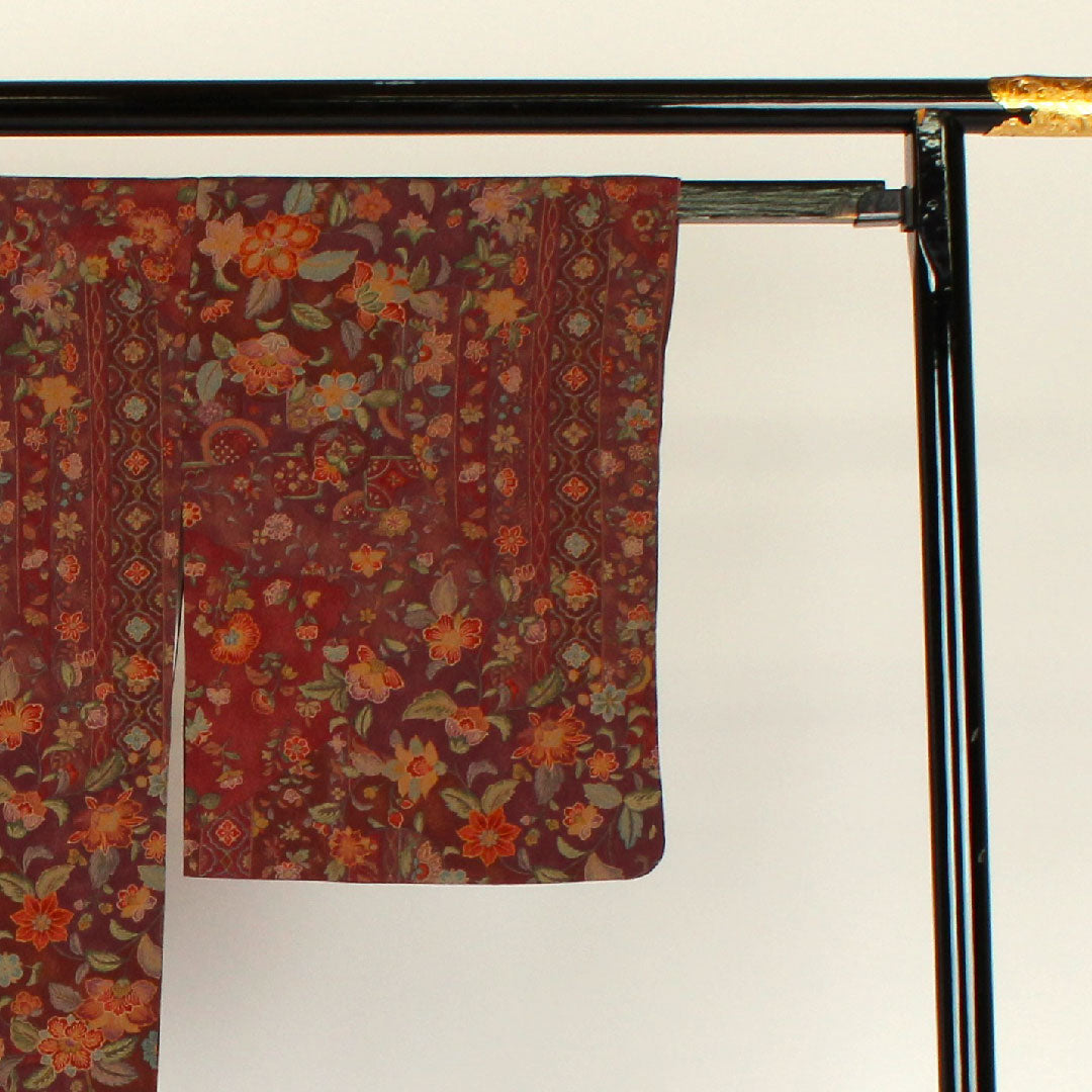 小紋 身丈160cm 裄丈64cm 袷  洗える着物 更紗柄 ポリ Aランク 茶系 1115000223314