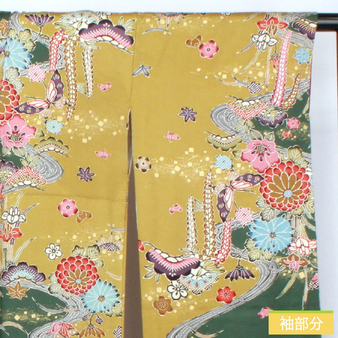 振袖 正絹 Aランク 身丈168cm 裄丈68cm 袷 菜種油色（なたねあぶらいろ） 京友禅 紗綾形 慶長柄 綸子生地 黄系 1113002523523