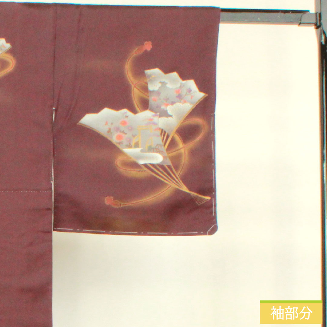 Homongi, pure silk, lined, length 160cm, sleeve length 64cm, purple, Kyoto Yuzen, fan, auspicious motif, S rank, purple, 1112004282420