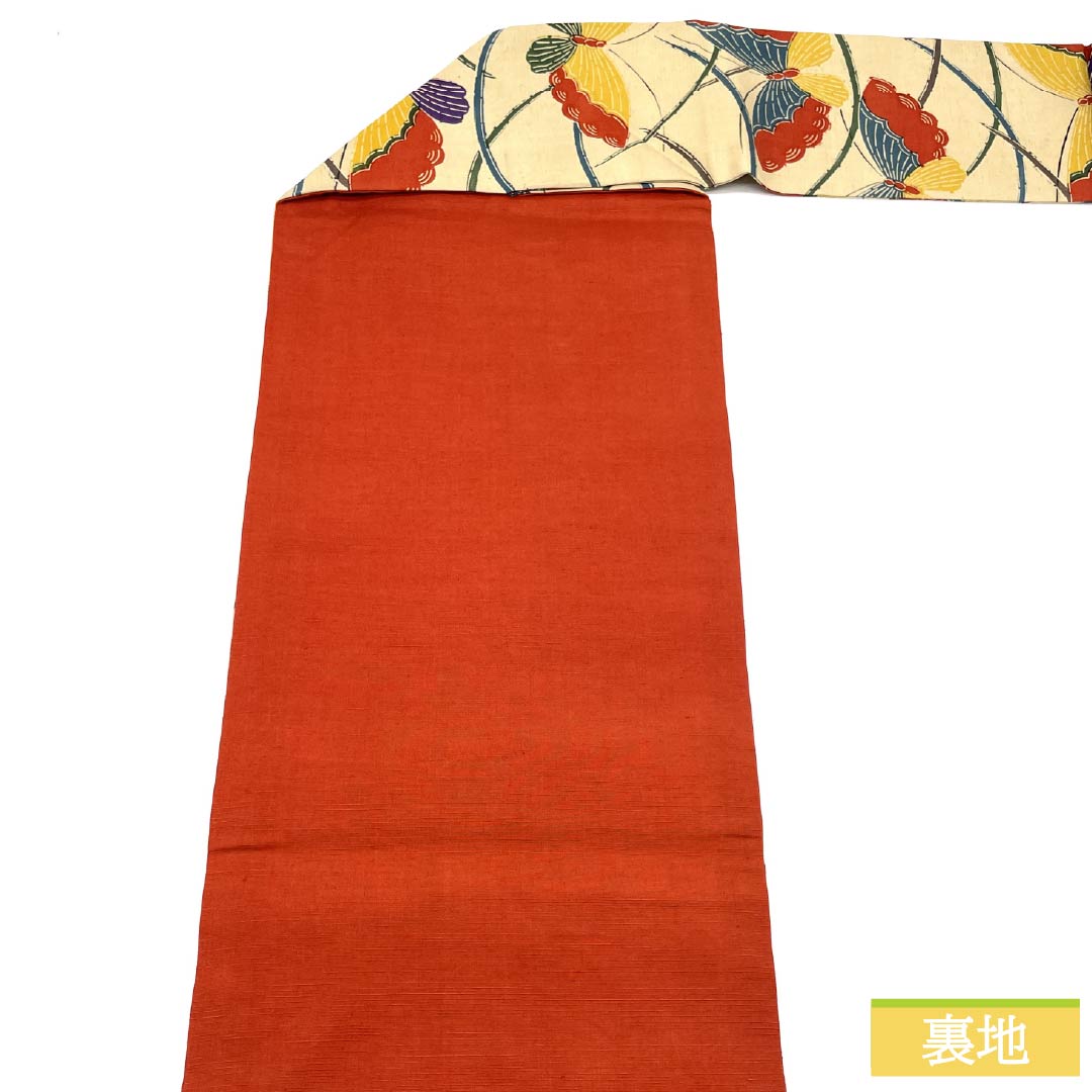 Nagoya Obi, Pure Silk, S-Rank, Torinoko Color, Stencil Dyed with Dew Grass and Butterfly Patterns, Length 365cm, Six-Ply, Casual, Beige, Product Number 1124009322325, Nagoya Style