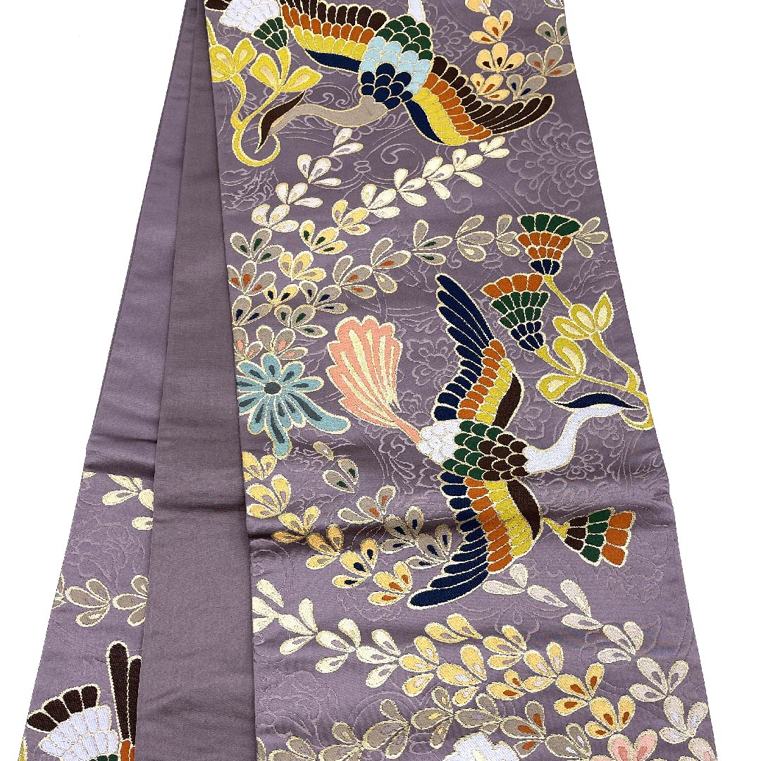 袋帯 浅滅紫色（あさきけしむらさきいろ） 振袖用 白綾苑大庭 鳥 花 帯丈427cm 正絹 Sランク 六通 フォーマル 紫系 1123009482320