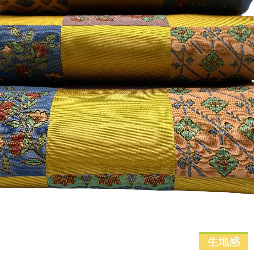半幅帯 ポリエステル Aランク 黄金色（こがねいろ） 古典柄 市松 花柄 七宝 帯丈389cm 黄系 1125003143323