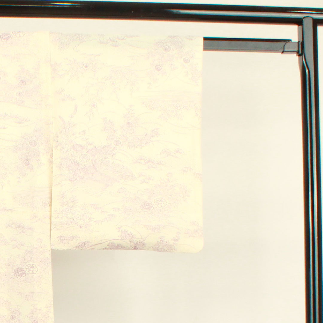 夏物 正絹 小紋 身丈154.5cm 裄丈63.5cm 乳白色（にゅうはくしょく） 松竹梅 菊 流水 絽 Sランク 白系 1132000642211