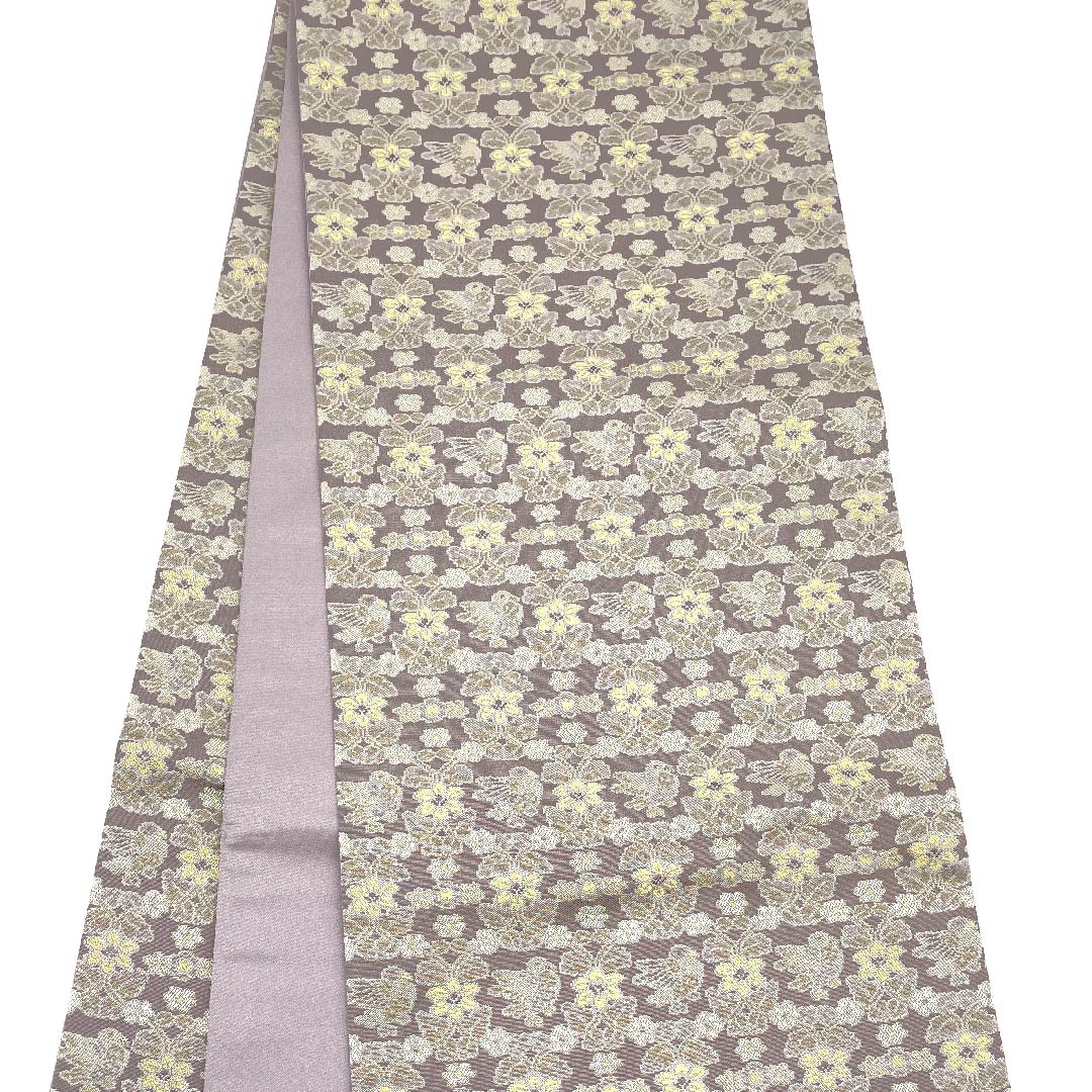 袋帯 浅滅紫色（あさきけしむらさきいろ） 鼎工房 鳥 花 長尺 帯丈470cm 正絹 Sランク 全通 セミフォーマル 紫系 1123009342420