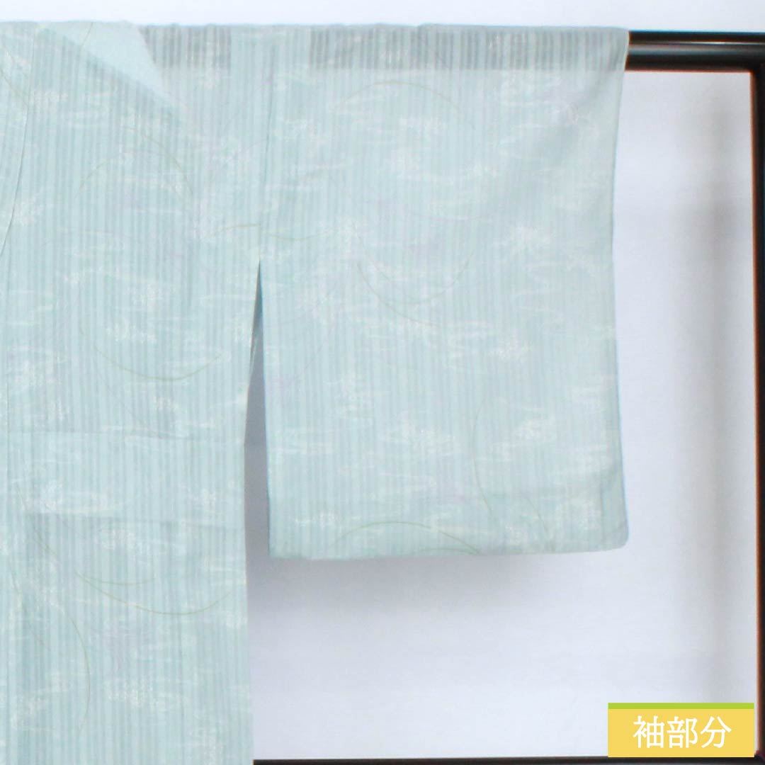 夏物 ポリエステル 小紋 身丈153cm 裄丈62.5cm 瓶覗色（かめのぞきいろ） 流水 秋草 洗える着物 紗 Aランク 水色系 1132002313224