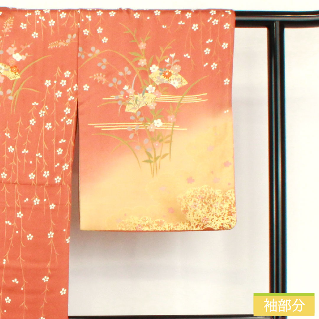 Homongi, pure silk, lined, length 165.5cm, sleeve length 64cm, faded scarlet, Kyoto Yuzen, floral pattern, fan surface, S rank, brown, 1112005512514