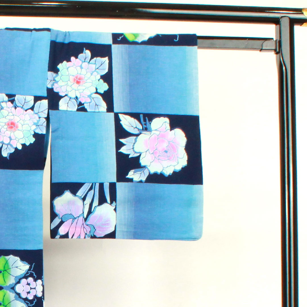 浴衣 市松 紫陽花 葡萄 木綿 Sランク 単衣 身丈153cm 裄丈65cm グラデーション系 1118003052299