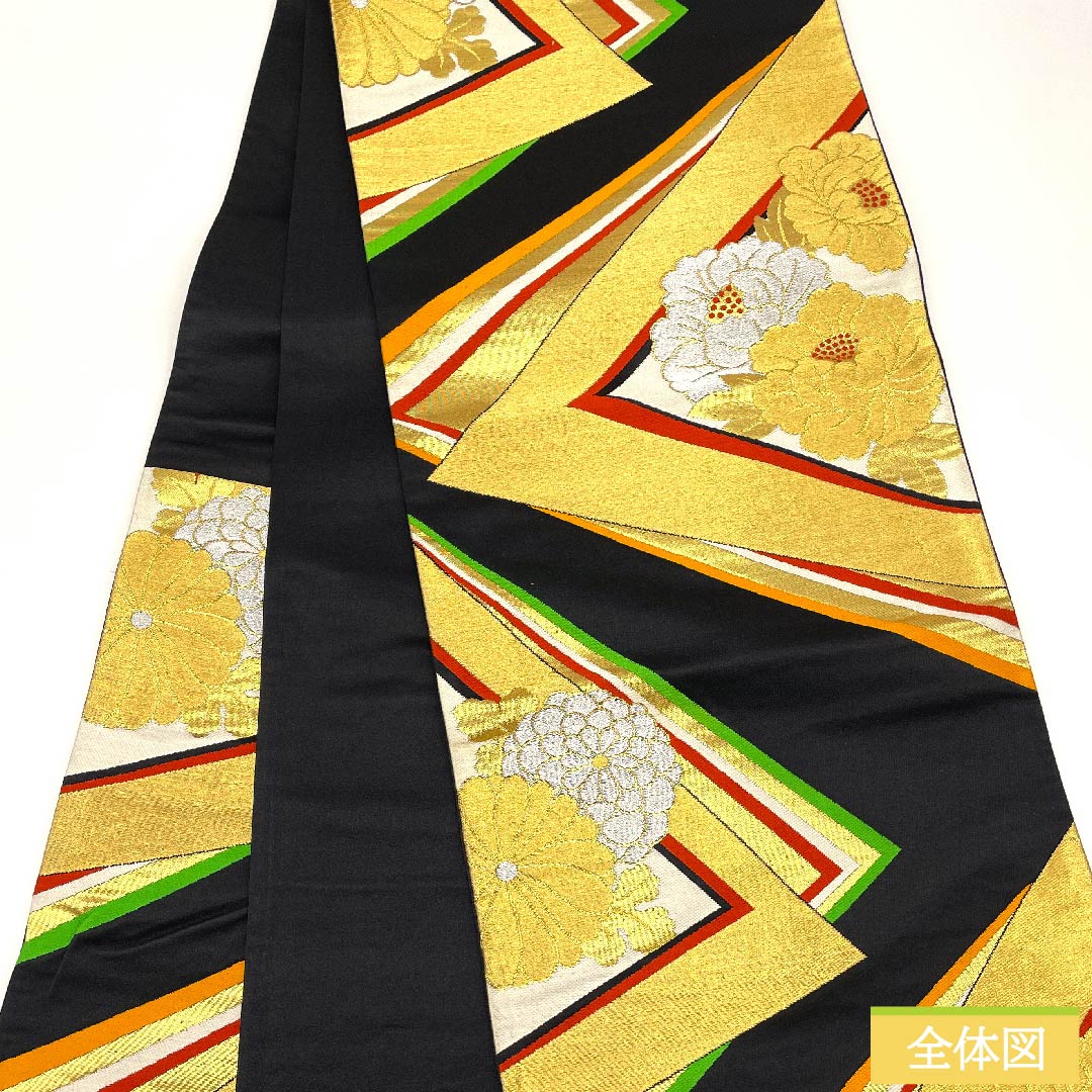 袋帯 黒色 牡丹 菊 菱 帯丈408cm 正絹 Sランク 六通 フォーマル 黒系 1123010212310