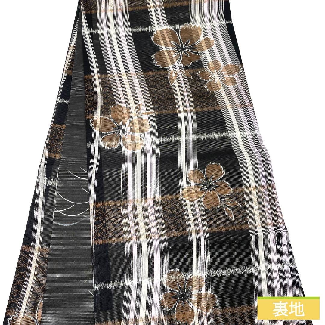 名古屋帯 正絹 リバーシブル 格子 桜 夏帯 帯丈370cm Sランク 全通 セミフォーマル 黒系 1124006802310 開き仕立て