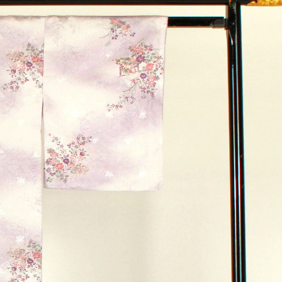 小紋 身丈158cm 裄丈65cm 袷  古典柄 洗える着物  ポリ Aランク 紫系 1115000983320