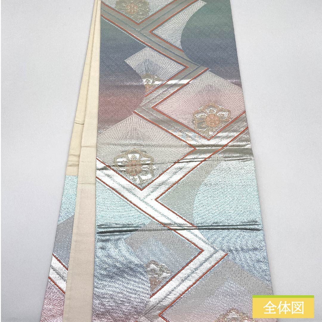 袋帯 正絹 銀色（ぎんいろ） 菱 華文 帯丈428cm Sランク 六通 フォーマル 銀系 1123011962322