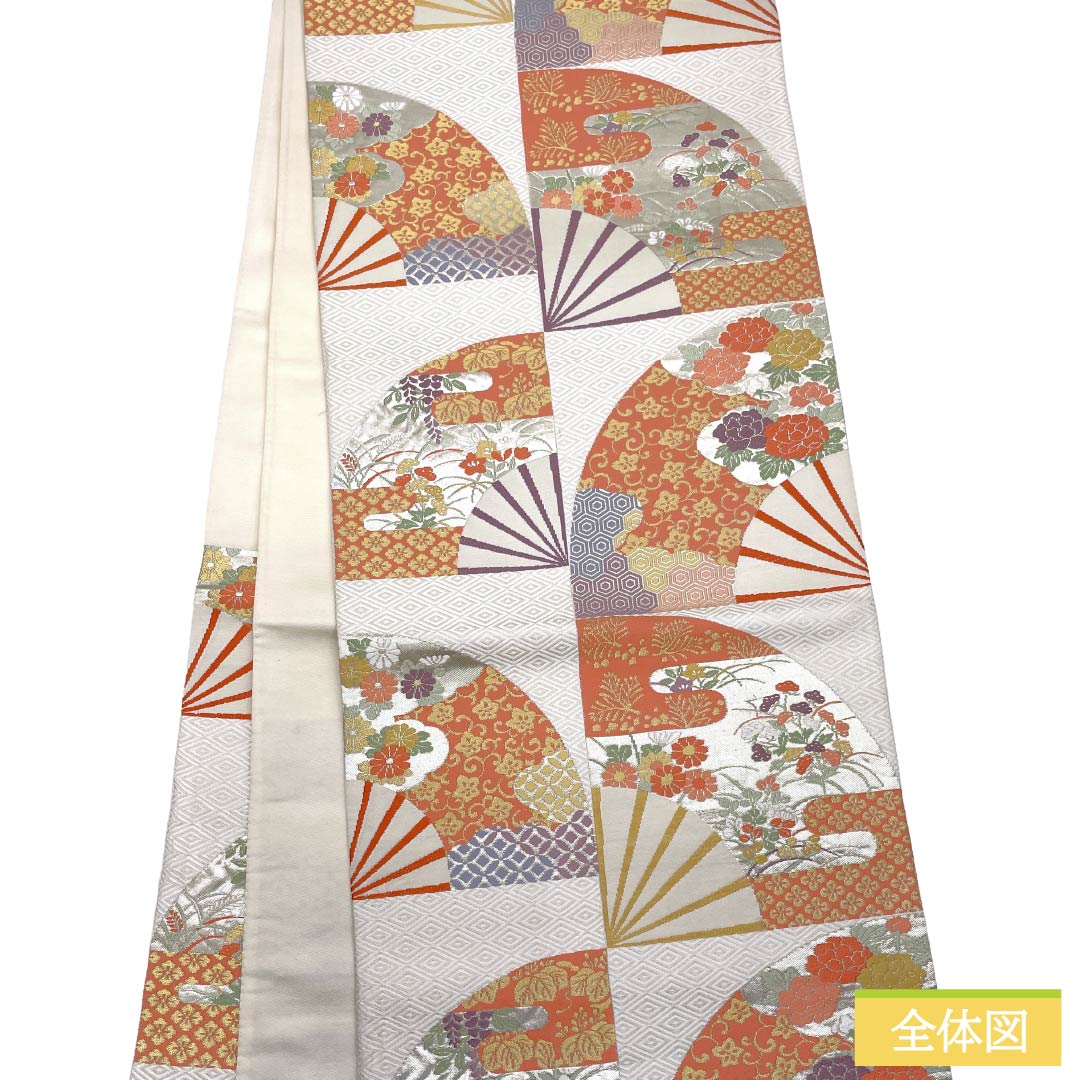 袋帯 正絹 Ａランク 真珠色（しんじゅいろ） 唐織 留袖用 扇面 古典柄 帯丈424cm 六通 フォーマル 白系 1123018643311