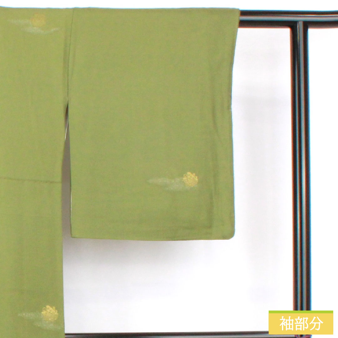 色無地 正絹 身丈164.5cm 裄丈65cm 緑衫色（ろくそういろ）縫い取り 一つ紋 揚羽蝶 袷 Sランク 緑系 1114002012419