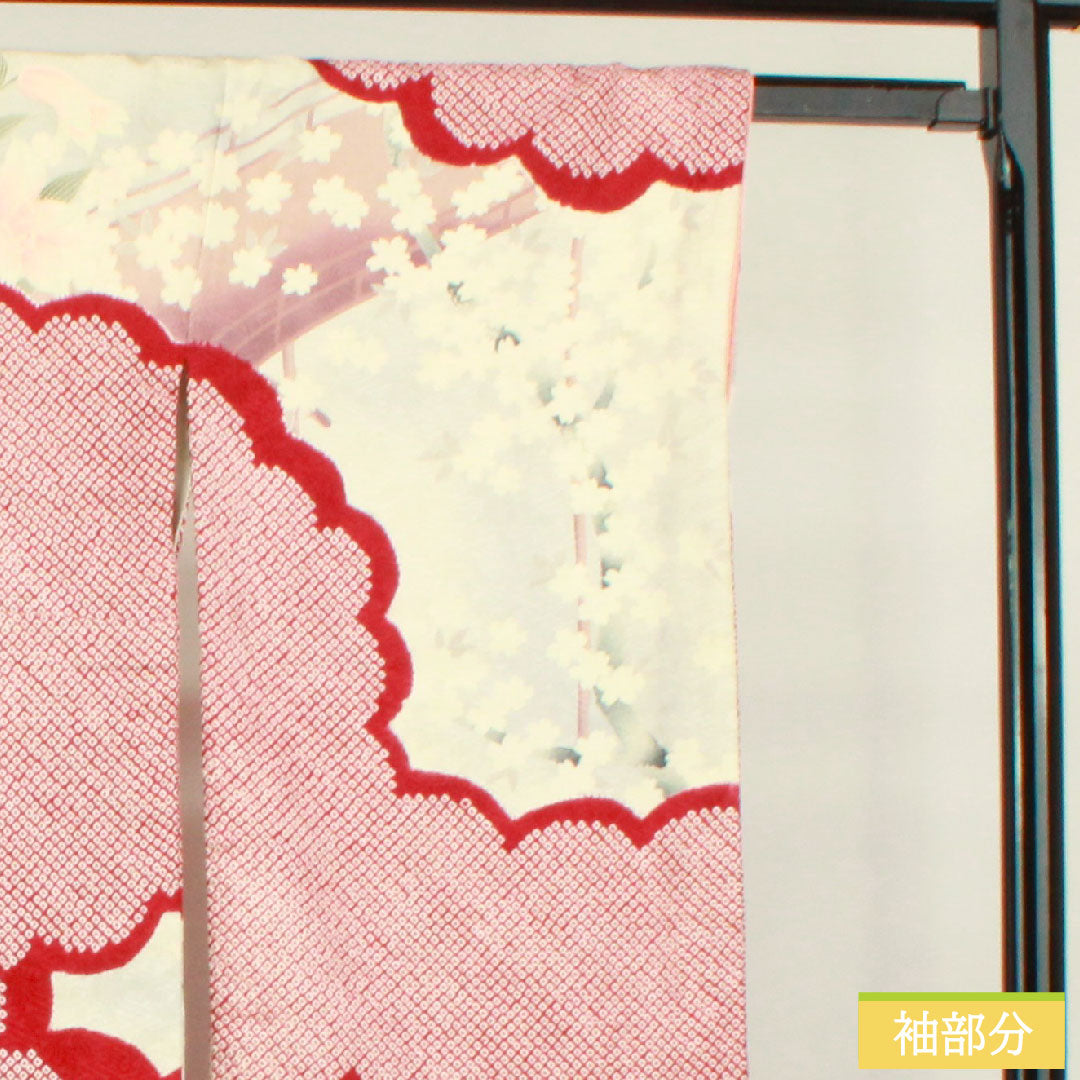 Furisode, pure silk, length 163.5cm, sleeve length 65cm, lined, crimson, Kyo-Yuzen, tie-dye, cherry blossom, rose, S rank, red, 1113001992412