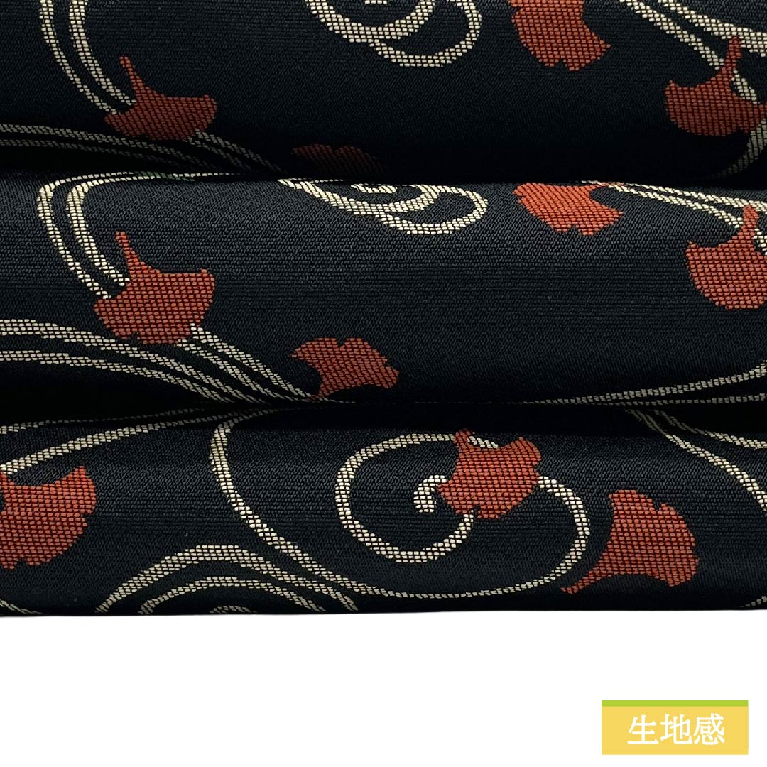 半幅帯 ポリエステル Sランク 黒色（くろいろ） 笹色（ささいろ） 流水 葉っぱ 桜 リバーシブル 帯丈389cm 黒系 1125005662310