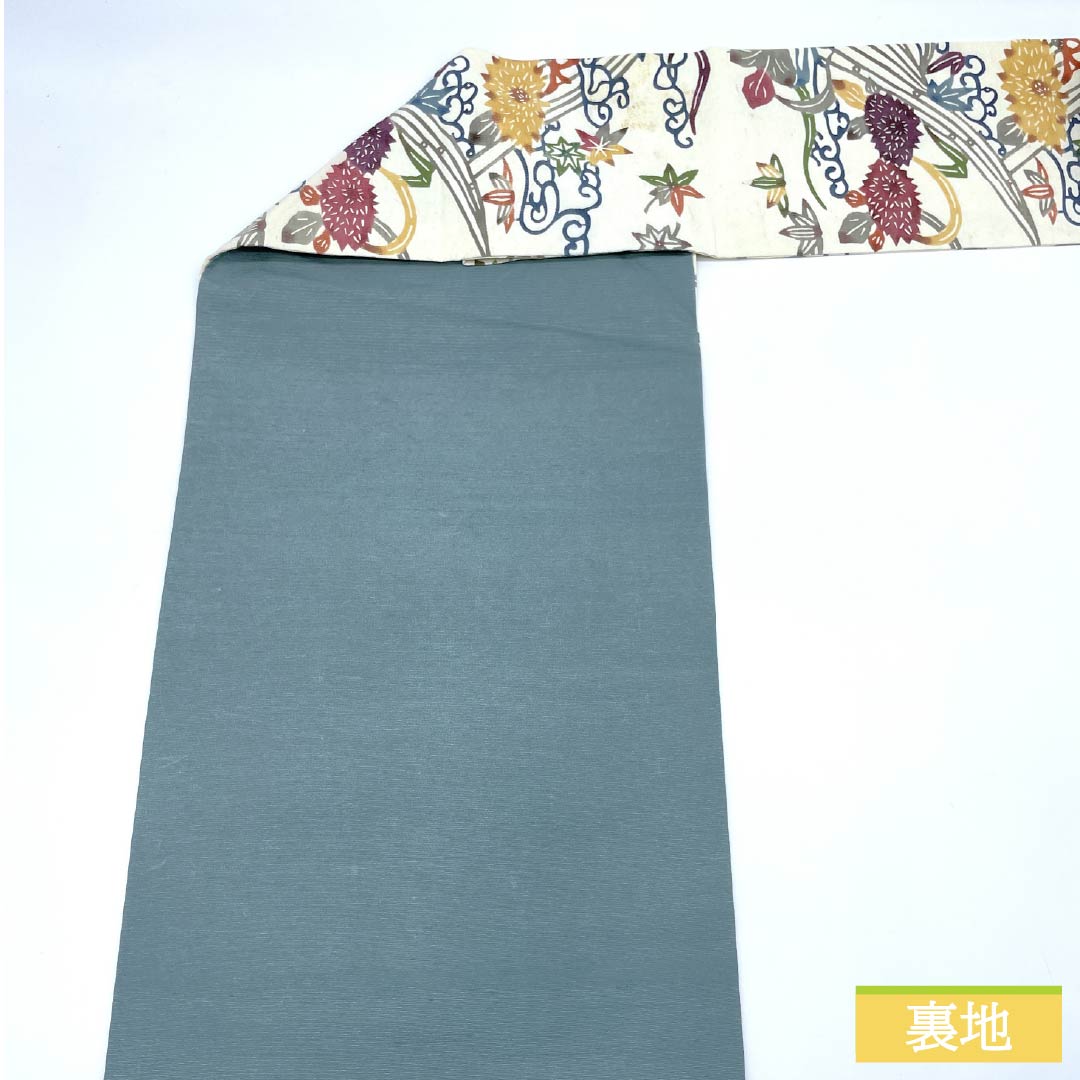 名古屋帯 生成り色（きなりいろ） 京紅型 抽象花 紅葉 帯丈350cm 正絹 Bランク 六通 カジュアル クリーム系 1124006954315 名古屋仕立て