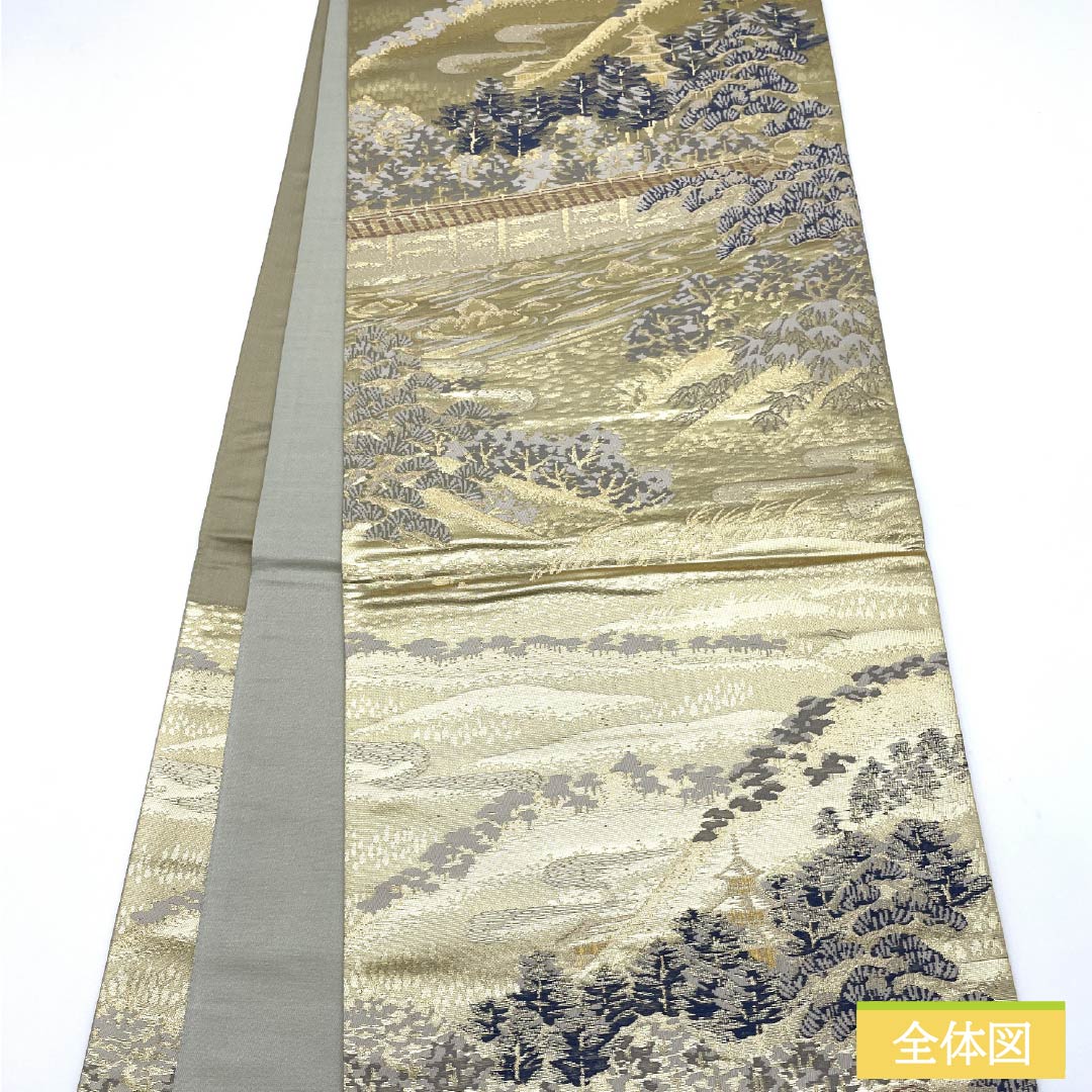 Formal, pure silk obi for formal kimono (tomesode) with a motif of the famous Ryoanji Temple in Kyoto, length 426cm, S rank, six-fold hem, gold finish, product number 1123014522321