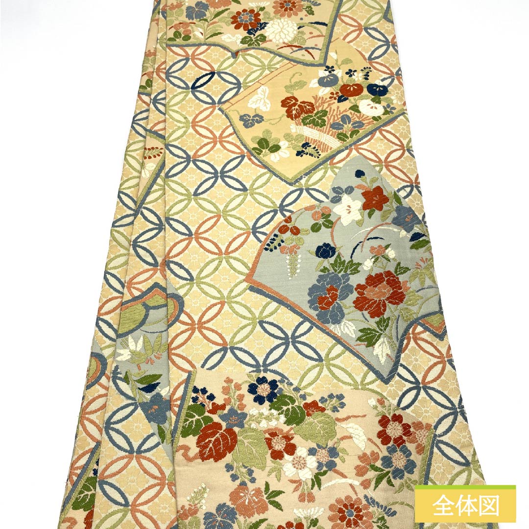 （丸帯）袋帯 正絹 生成り色（きなりいろ） 丸帯 和本 七宝 花模様 帯丈410cm Sランク 全通 フォーマル クリーム系 1123013932315