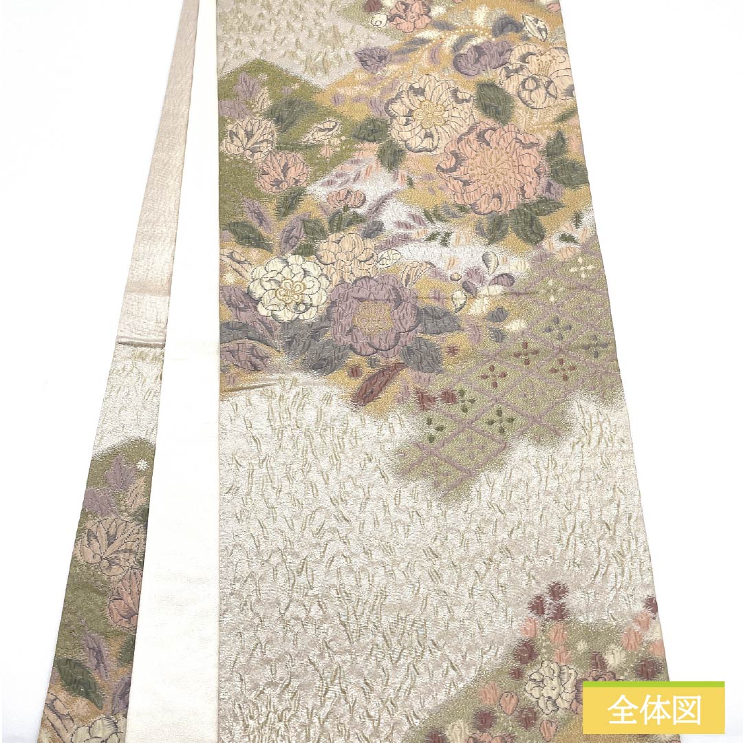 袋帯 正絹 胡粉色（ごふんいろ） 辻ヶ花 帯丈444cm Sランク 六通 フォーマル クリーム系 1123012122315