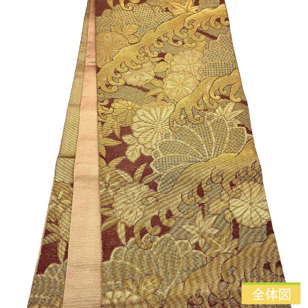 袋帯 正絹 留袖用 輪奈織 ねじり菊 波 桜 帯丈454cm Aランク 六通 フォーマル 金系 1123014353421