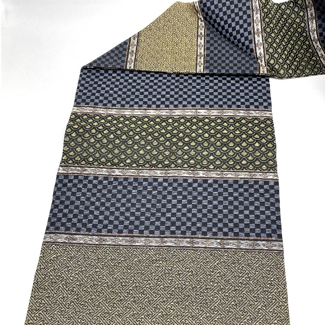 名古屋帯 グラデーション 市松 青海波 紗綾形 横段 帯丈375.5cm 正絹 Sランク 全通 カジュアル グラデ 1124003192399  名古屋仕立て